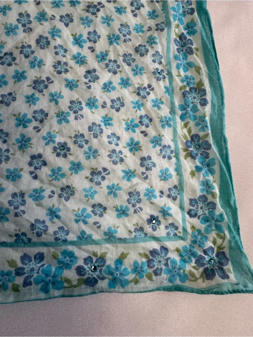 Vintage GAP Made in Italy Cotton Scarf Bandana Blue Floral w Rhinestone/Sparkle